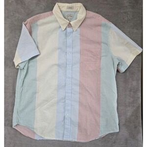 Mens XL J Crew Seersucker Patchwork button shirt plaid heavy camp organic cotton